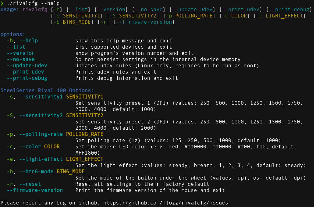 Rivalcfg colored help output (Rival 100)
